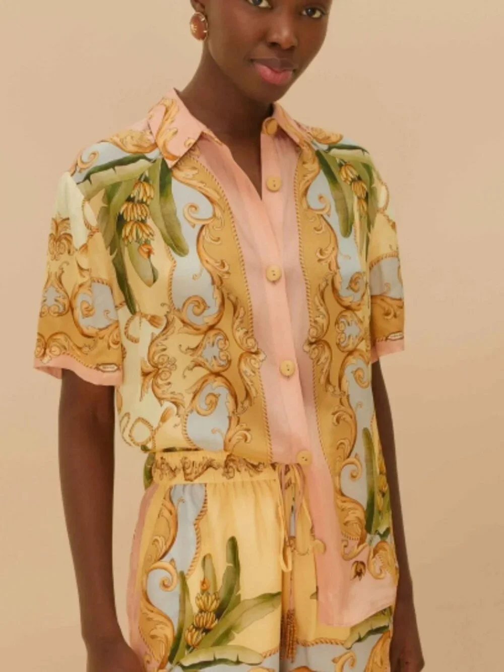 Farm Rio Banana Royalty Blouse/Shirt/Top Blush Pink Rose Gold Size Small NWOT